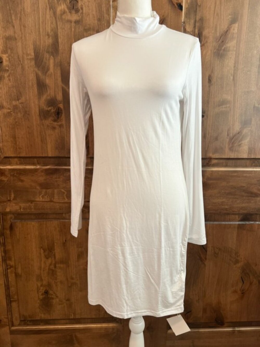 Dokidoo White Long Sleeve T-Shirt Dress Mock Neck Stretchy Mini XL